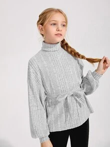 SHEIN 女孩高領腰帶羅紋針織T恤 - 淺灰色 - 查看 4