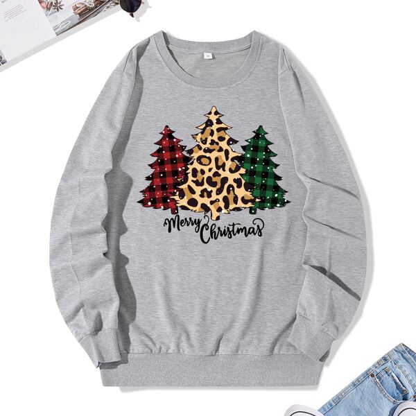 

Christmas & Slogan Print Round Neck Sweatshirt, Grey