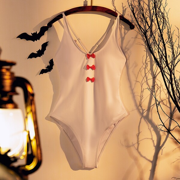 

Halloween Bow Decor Criss Cross One Piece Swimsuit, White