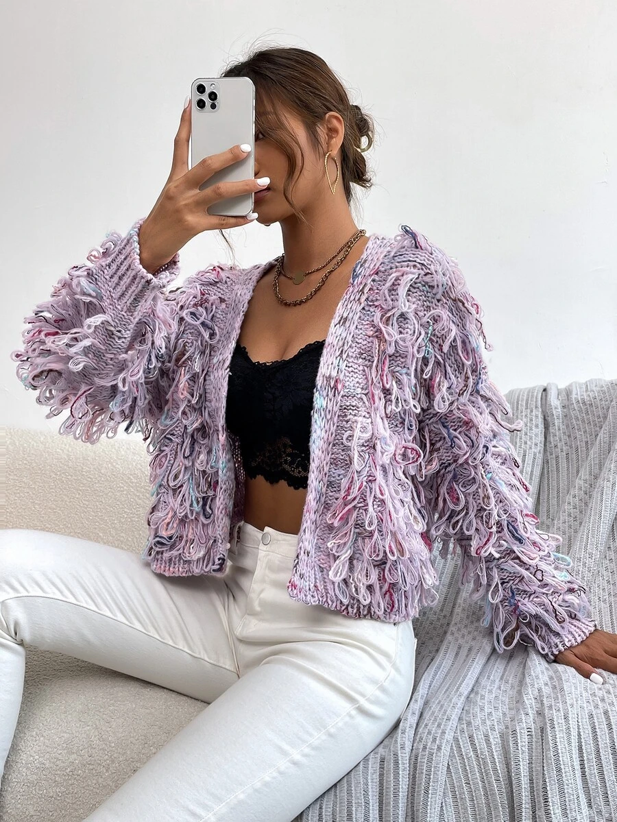 Open Front Loop Knit Cardigan - Multicolor - View 1