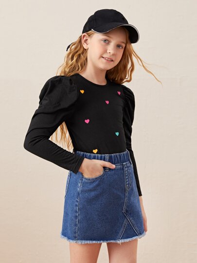 SHEIN Girls Heart Print Gigot Sleeve Tee