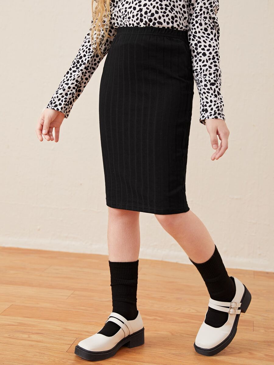 SHEIN Leap Crew 少女简约时尚纯色高腰条纹针织铅笔裙