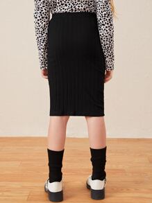 SHEIN Leap Crew 少女简约时尚纯色高腰条纹针织铅笔裙