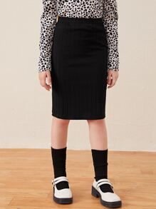 SHEIN Leap Crew 少女简约时尚纯色高腰条纹针织铅笔裙