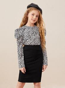 SHEIN Leap Crew 少女简约时尚纯色高腰条纹针织铅笔裙