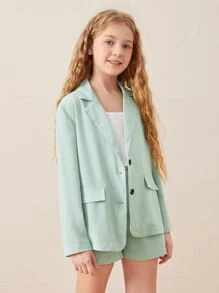 SHEIN 女孩西裝領翻蓋細節西裝外套和短褲