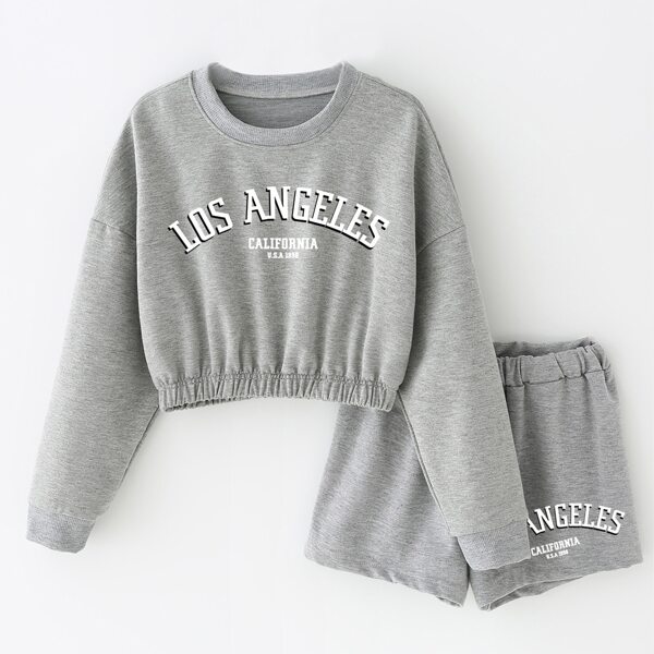 

Girls Letter Graphic Sweatshirt & Shorts Set, Grey