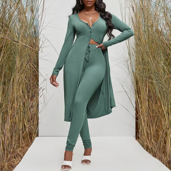 

Scoop Neck Button Up Longline Top With Leggings, Green