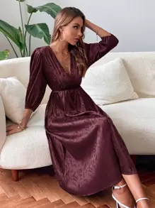 Jacquard Plunge Neck A-Line Dress - Maroon - View 1