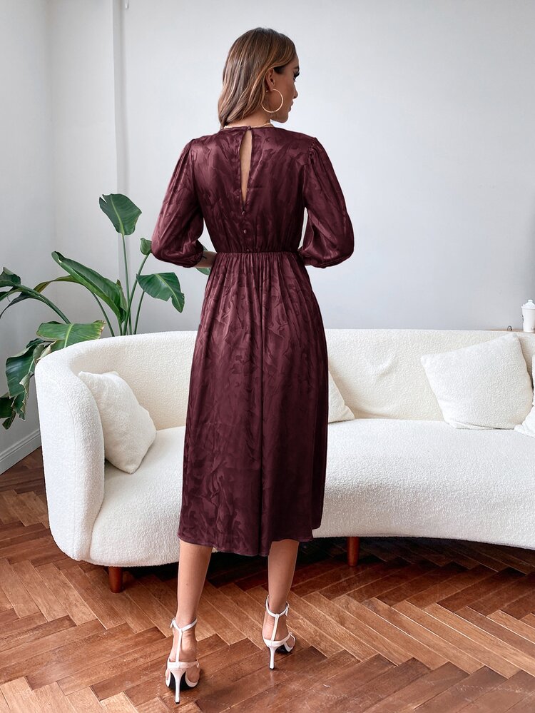 提花深V領A字連衣裙 - 紫紅色 - 查看 2