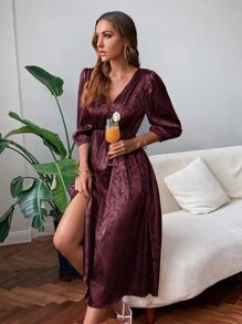 Jacquard Plunge Neck A-Line Dress - Maroon - View 3