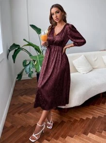 Jacquard Plunge Neck A-Line Dress - Maroon - View 4