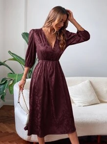 Jacquard Plunge Neck A-Line Dress - Maroon - View 5