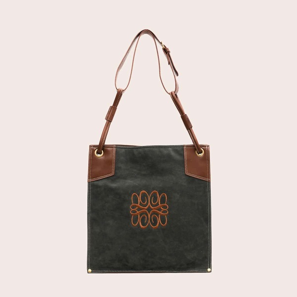 

Embroidery Detail Large Capacity Shoulder Tote Bag, Green
