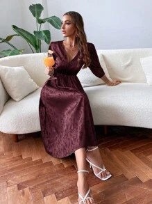 Jacquard Plunge Neck A-Line Dress - Maroon - View 6