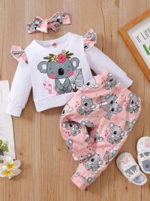 Baby Koala And Floral Print Ruffle Trim Pullover & Joggers With Headband - Pink - View 1