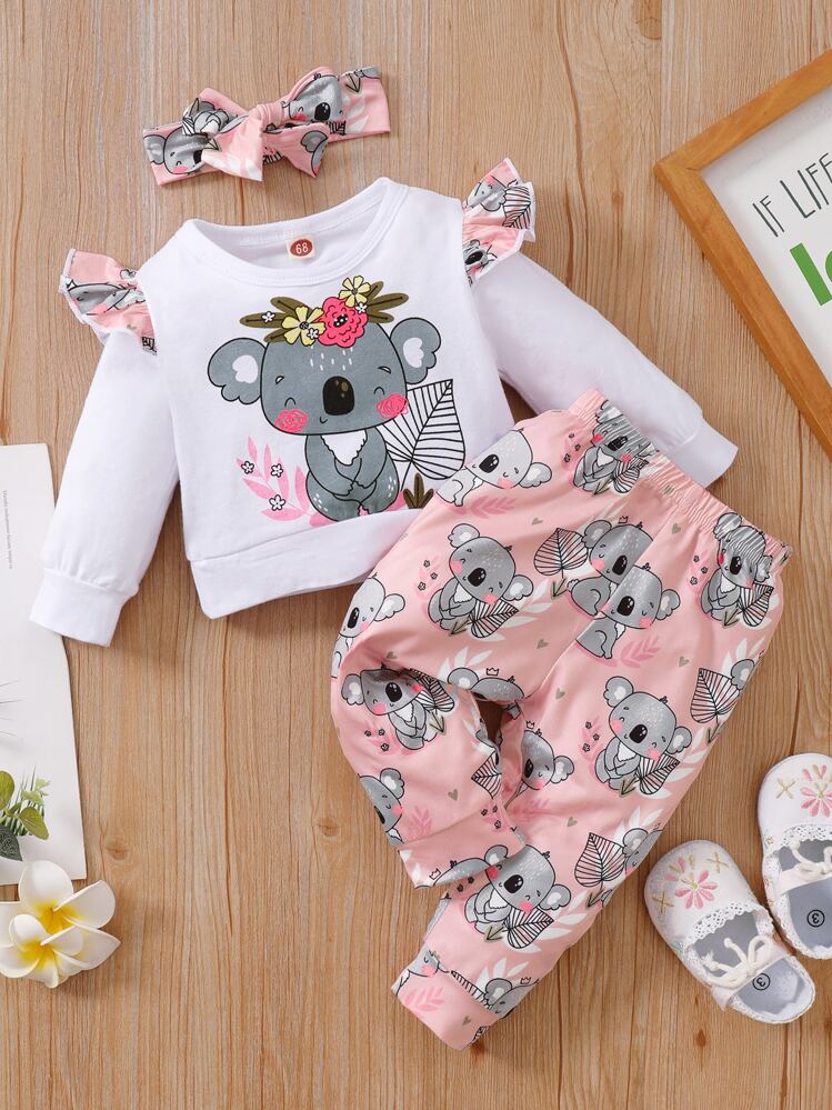 Baby Koala And Floral Print Ruffle Trim Pullover & Joggers With Headband - Pink - View 1