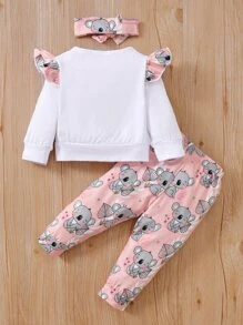 Baby Koala And Floral Print Ruffle Trim Pullover & Joggers With Headband - Pink - View 2