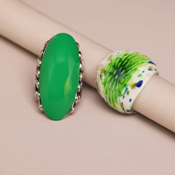 

2pcs Flower Print Random Color Ring, Multicolor