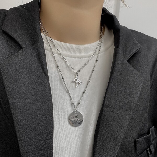 

Round & Letter Charm Layered Necklace, Silver