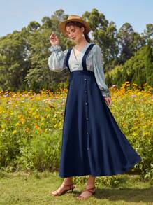 SHEIN Button Front Suspender Skirt Without Top - Navy Blue - View 3