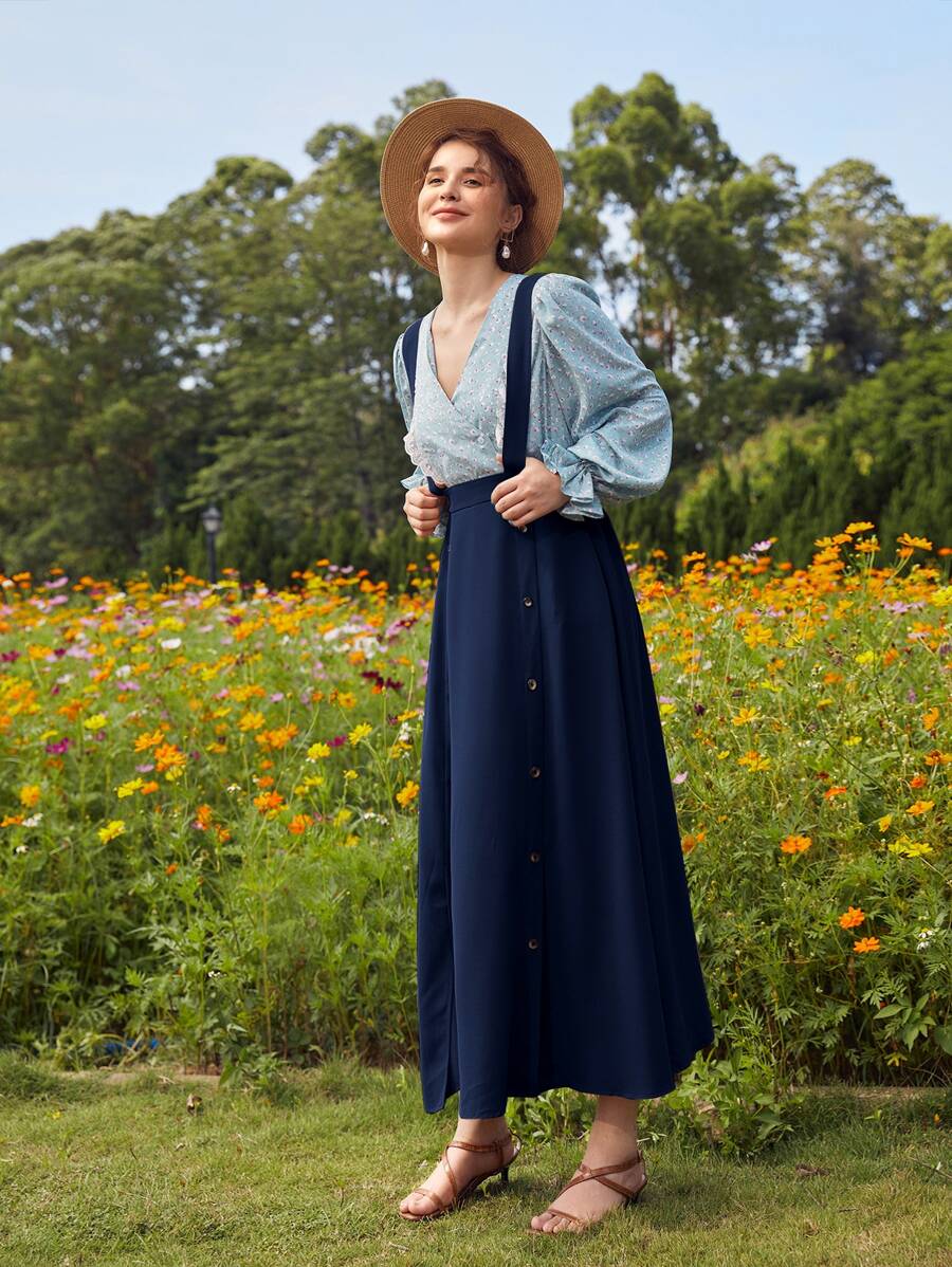 SHEIN Button Front Suspender Skirt Without Top - Navy Blue - View 1