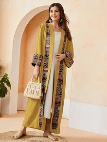 Al Najma Geo Tape Trim Open Front Abaya - Mustard Yellow - View 3