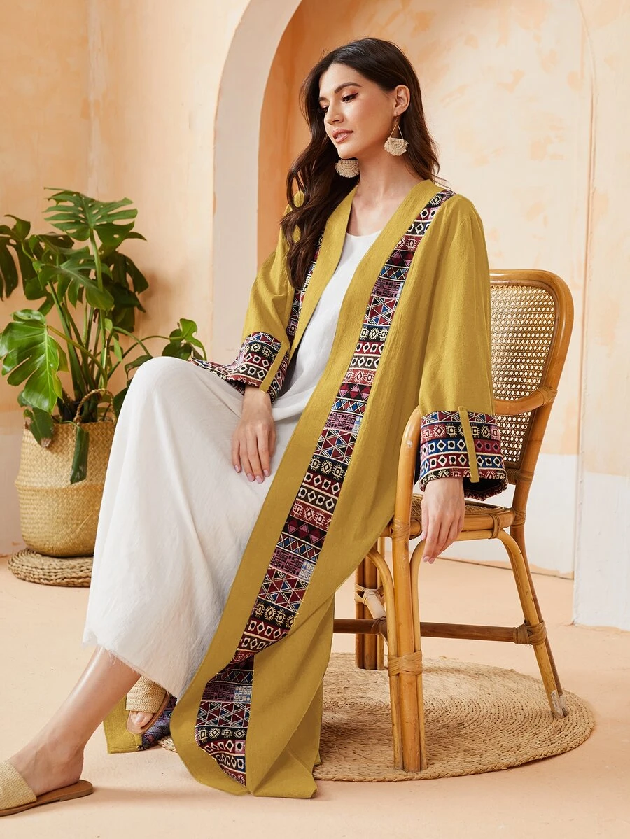 Al Najma Geo Tape Trim Open Front Abaya - Mustard Yellow - View 1
