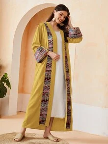 Al Najma Geo Tape Trim Open Front Abaya - Mustard Yellow - View 5