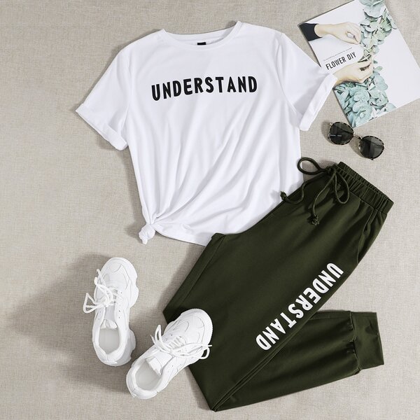 

Letter Graphic Tee And Joggers Set, Army green
