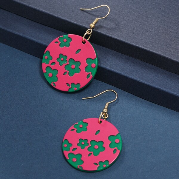 

Flower Print Round Drop Earrings, Multicolor