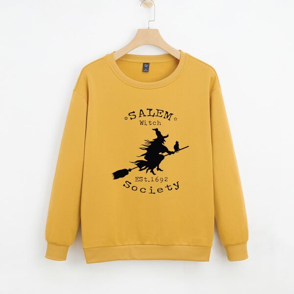 

Plus Halloween & Letter Graphic Thermal Lined Sweatshirt, Yellow