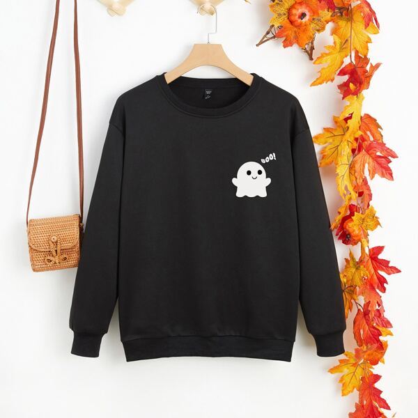 

Plus Ghost & Letter Graphic Thermal Lined Sweatshirt, Black