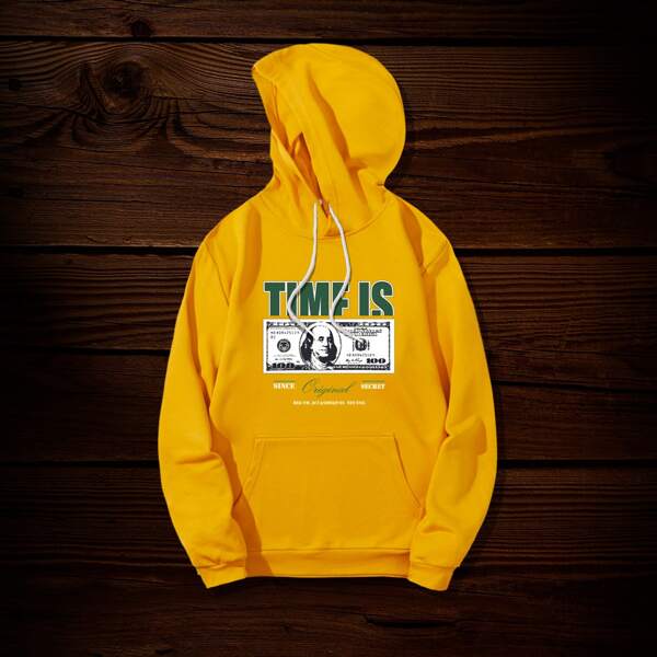 

Men Slogan Graphic Kangaroo Pocket Drawstring Hoodie, Mustard yellow