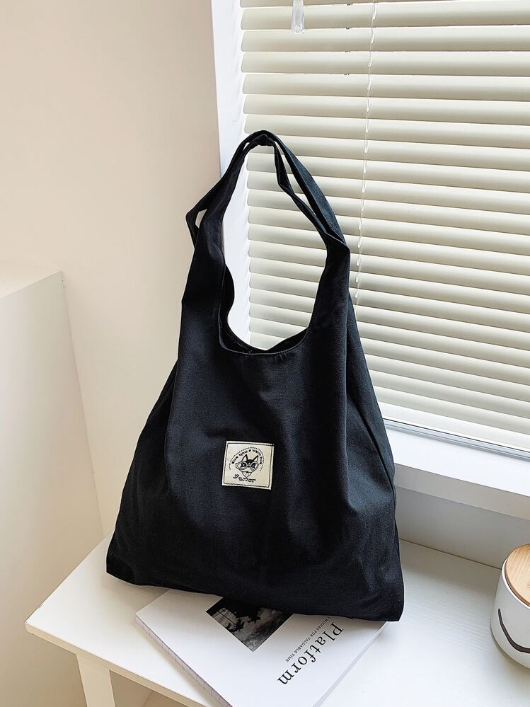 休闲其他印花卡通贴布帆布购物袋，适合女性、新秀和白领人士，适合教师礼物，适合女士，适合女性大容量，适合商务/通勤/工作/办公室，适合节日/度假/假日书包，大容量，经典休闲，可折叠，便携，适合青少年女孩女大学生，非常适合返校、购物、中学、高中、大学、开学第一天 - 黑色 - 查看 3