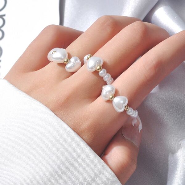 

3pcs Faux Pearl Beaded Ring, Multicolor