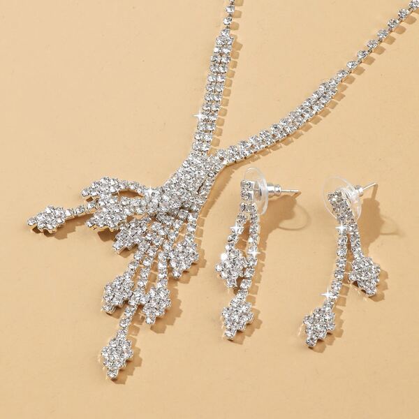 

3pcs Rhinestone Decor Jewelry Set, Silver