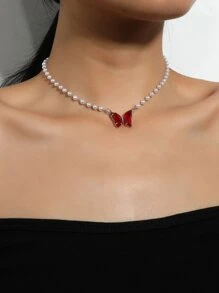 蝴蝶墜飾項鍊 - 紅色 - 查看 1