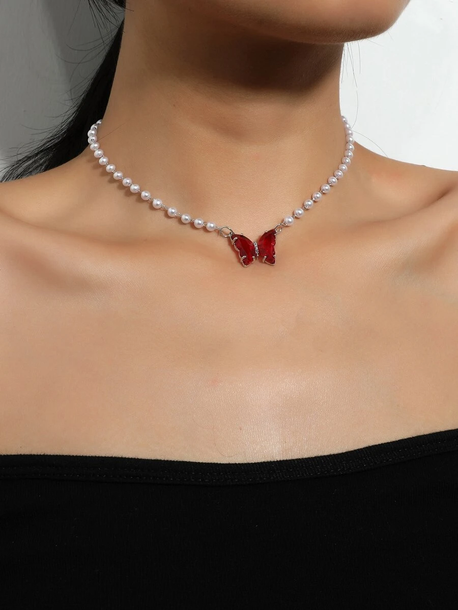 蝴蝶墜飾項鍊 - 紅色 - 查看 1
