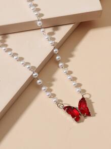 蝴蝶墜飾項鍊 - 紅色 - 查看 2
