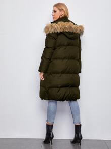 SHEIN 拉链毛绒装饰连帽夹棉大衣 - 軍綠色 - 查看 2