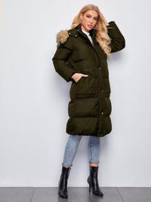 SHEIN 拉链毛绒装饰连帽夹棉大衣 - 軍綠色 - 查看 3