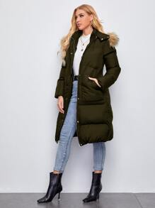 SHEIN 拉链毛绒装饰连帽夹棉大衣 - 軍綠色 - 查看 4