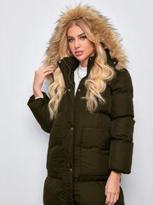 SHEIN 拉链毛绒装饰连帽夹棉大衣 - 軍綠色 - 查看 5