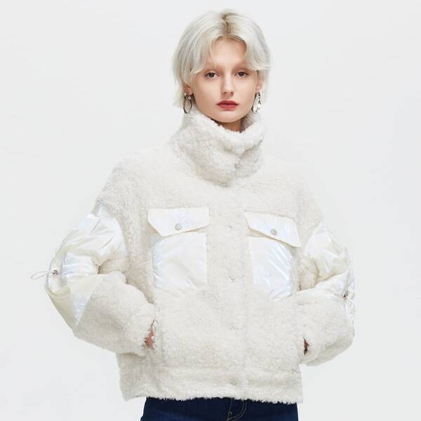 

Drop Shoulder Flap Pocket Teddy Jacket, White