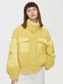 ZIAI Funnel Neck Flap Pocket Teddy Jacket - Yellow - View 1