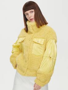 ZIAI Funnel Neck Flap Pocket Teddy Jacket - Yellow - View 4