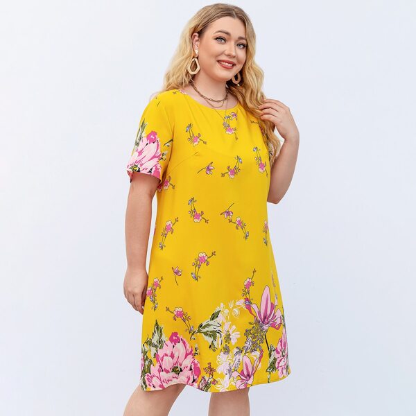 

Plus Round Neck Floral Print Dress, Yellow