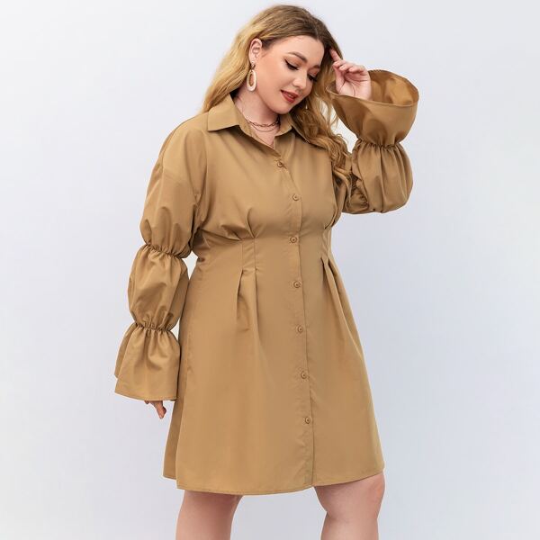 

Plus Flounce Sleeve Shirt Dress, Khaki