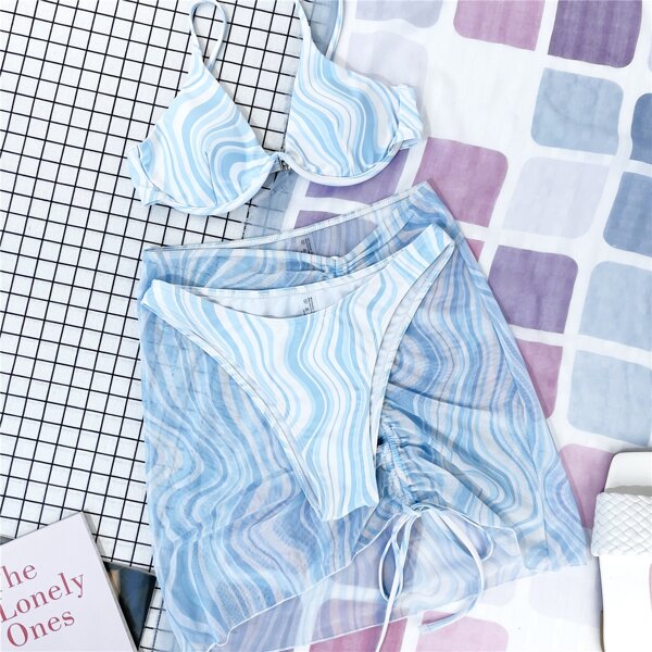 

3pack Fluid Pattern Underwire Bikini Swimsuit & Beach Skirt, Blue